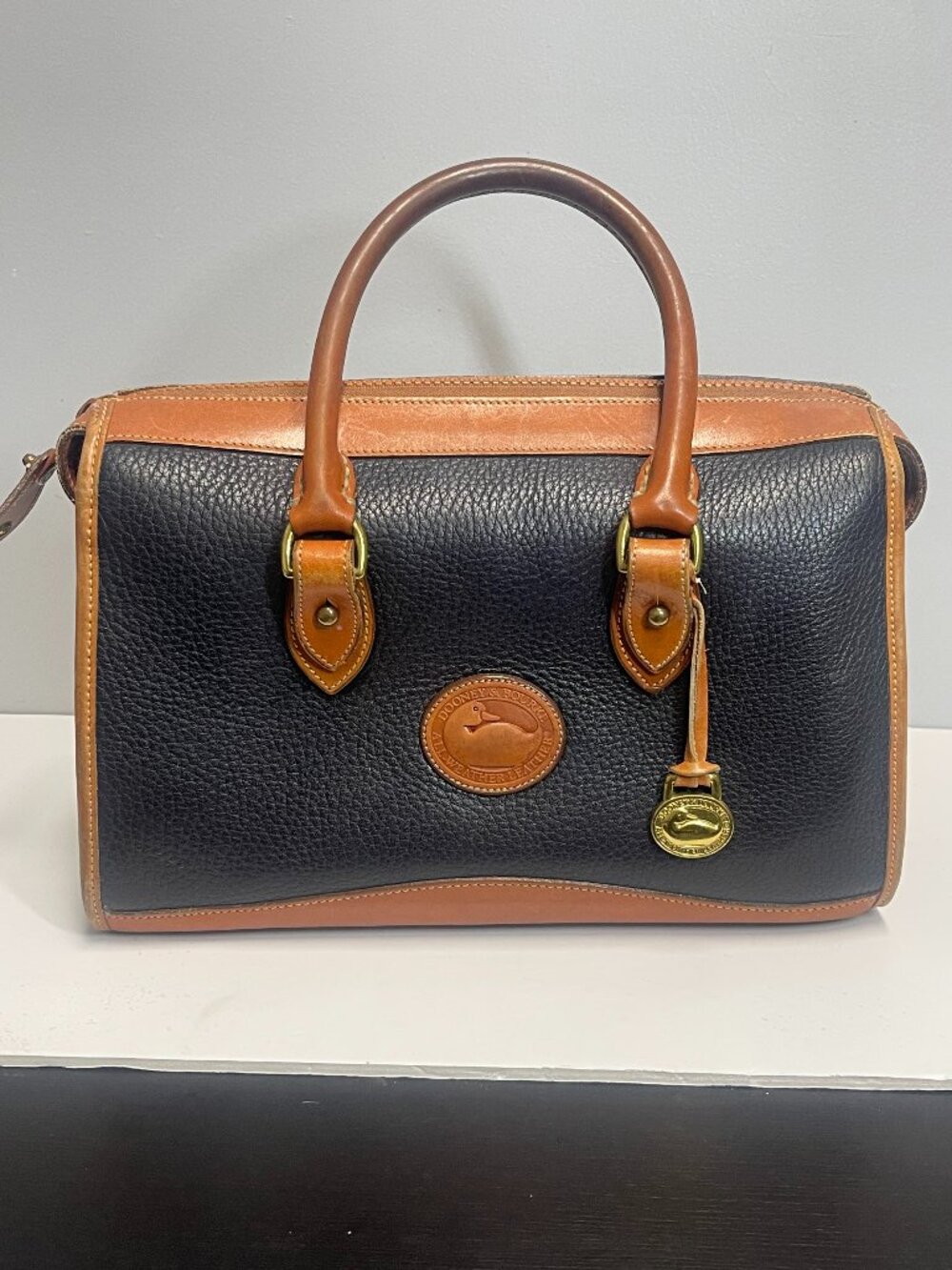 Vintage Dooney & Bourke All Weather Leather Black Tan Satchel Made USA